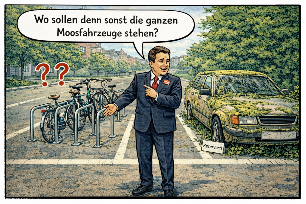 Wahl zwischen Fahrradbügel und Moosfahrzeug